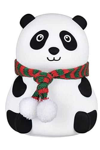 A silicone panda-shaped lamp with a scarf around its neck, designed for use as a night light.