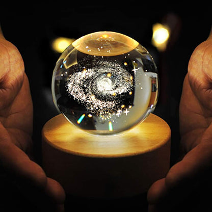 Galaxy 3D Crystal Ball Night Light with Wooden Base - LED USB Table Lamp for Kids, Teens, and Home Décor