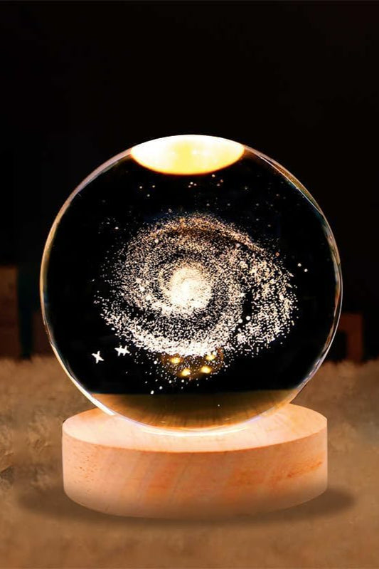 Galaxy 3D Crystal Ball Night Light with Wooden Base - LED USB Table Lamp for Kids, Teens, and Home Décor
