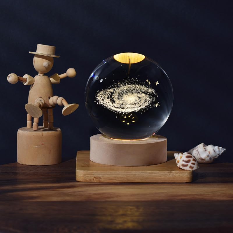 Galaxy 3D Crystal Ball Night Light with Wooden Base - LED USB Table Lamp for Kids, Teens, and Home Décor