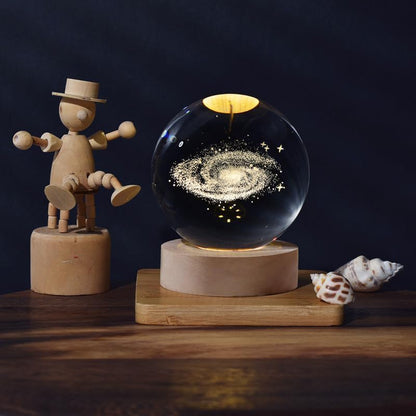 Galaxy 3D Crystal Ball Night Light with Wooden Base - LED USB Table Lamp for Kids, Teens, and Home Décor