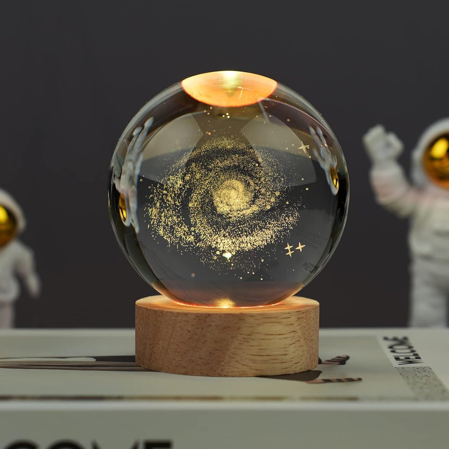 Galaxy 3D Crystal Ball Night Light with Wooden Base - LED USB Table Lamp for Kids, Teens, and Home Décor
