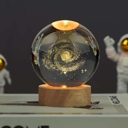 Galaxy 3D Crystal Ball Night Light with Wooden Base - LED USB Table Lamp for Kids, Teens, and Home Décor