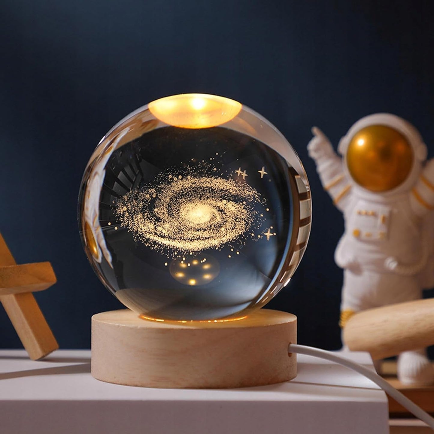 Galaxy 3D Crystal Ball Night Light with Wooden Base - LED USB Table Lamp for Kids, Teens, and Home Décor