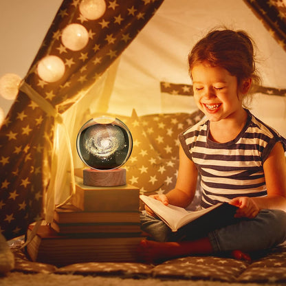 Galaxy 3D Crystal Ball Night Light with Wooden Base - LED USB Table Lamp for Kids, Teens, and Home Décor